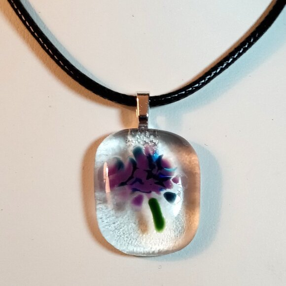 One of a kind artisan made purple bright blue abstract flower pendant necklace - Picture 2 of 8